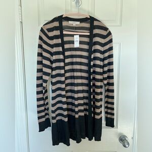 LOFT Black and Taupe Striped Open-Front Cardigan NWT. Size large